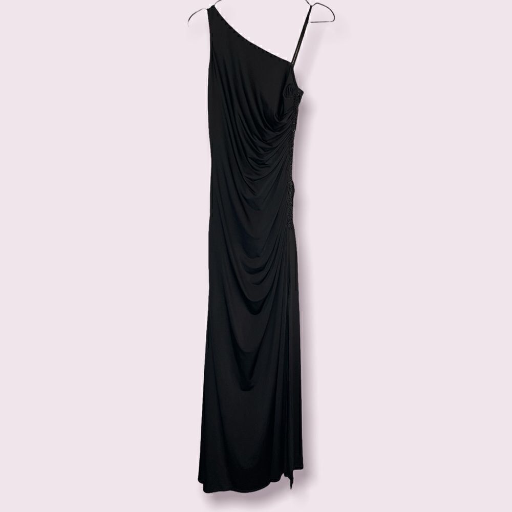 Adrianna Papell Boutique Black One Shoulder Beaded Ruched Evening Gown 4